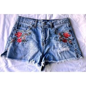 Hippie Laundry Floral Embroidered Denim Shorts Women 28 Blue Excellent High Rise